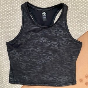 90 Degree cropped black tank top, foiled monochrome zebra pattern size medium
